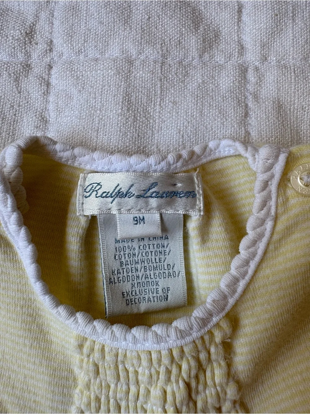 Ralph Lauren Smocked Classic Yellow Striped Baby Girl One-Piece Romper 9 Months